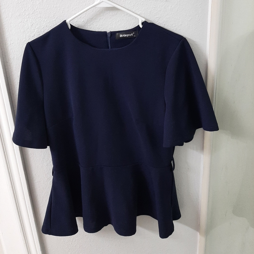 ALLEGRA K Navy Peplum Short Bell Sleeve Blouse w/ Belt Size L